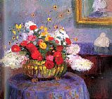 Bowl Canvas Paintings - Still Life Round Bowl with Flowers